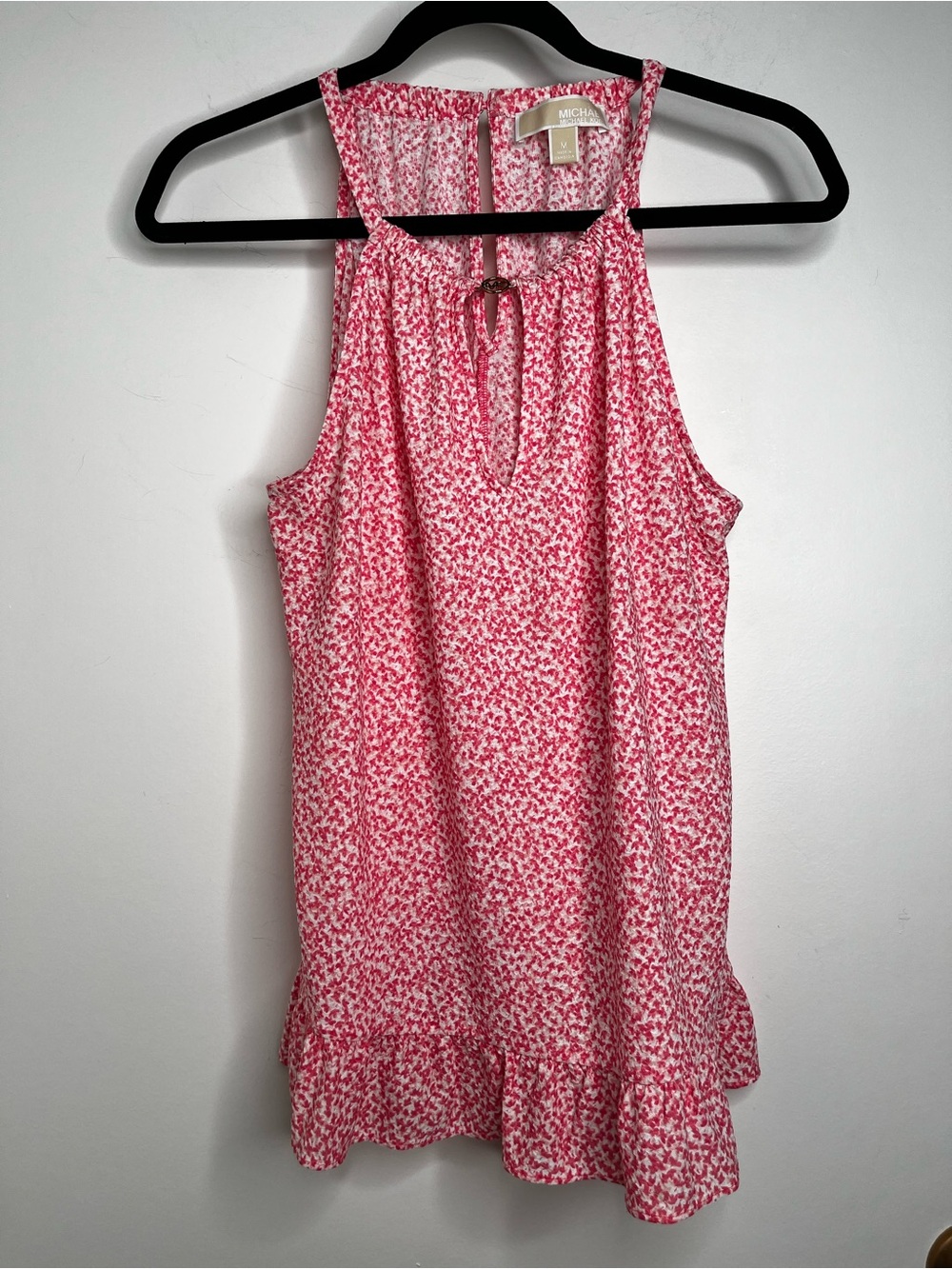 Michael Kors Pink Printed Ruffle-Hem Sleeveless Top Keyhole MK gold logo Med